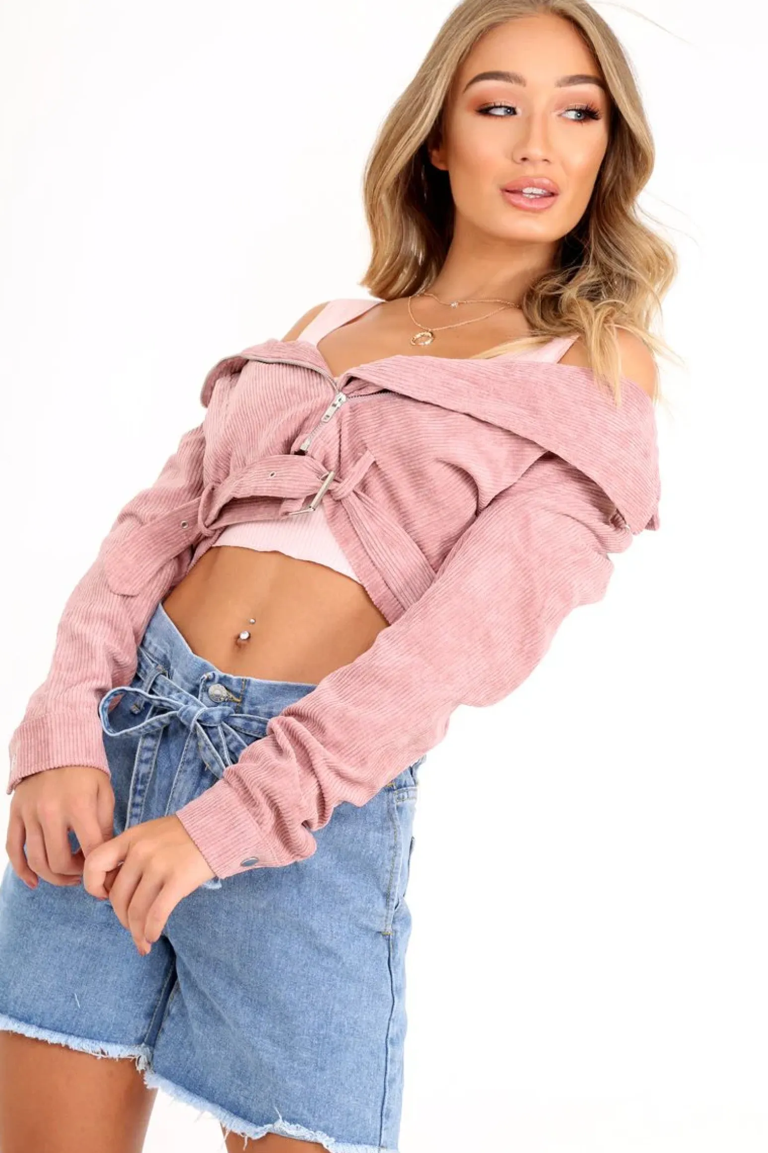 Rebellious Fashion Rose Corduroy Crop Biker Jacket - Wilna