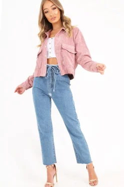 Rebellious Fashion Rose Corduroy Crop Trucker Jacket - Tiah