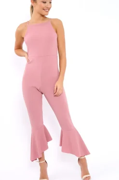 Rebellious Fashion Rose Cropped Frill Hem Jumpsuit - Sadey