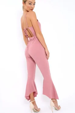 Rebellious Fashion Rose Cropped Frill Hem Jumpsuit - Sadey