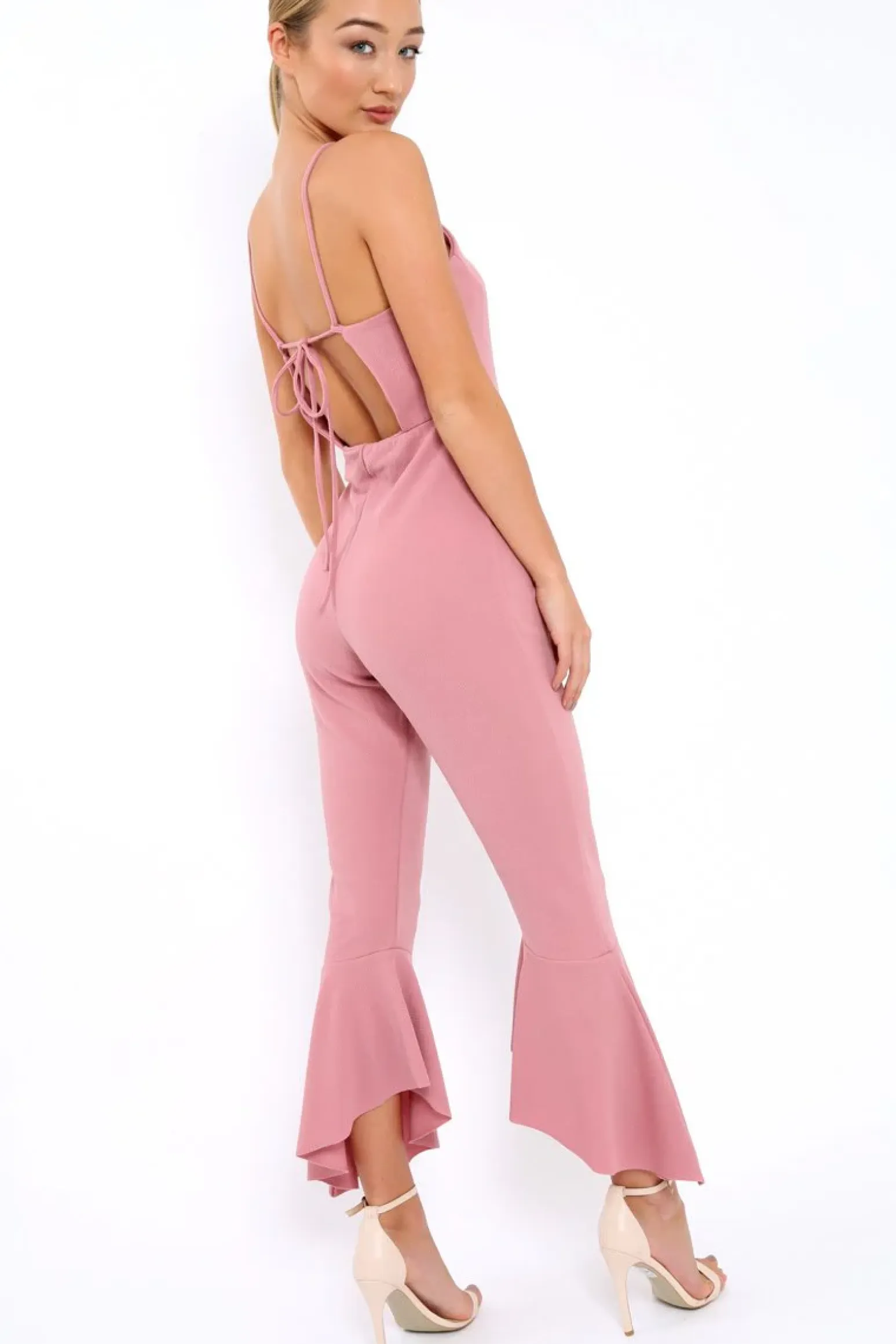 Rebellious Fashion Rose Cropped Frill Hem Jumpsuit - Sadey