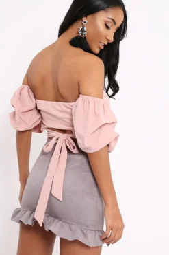 Rebellious Fashion Rose Crop Top With Ruffle Sleeves - Fenix