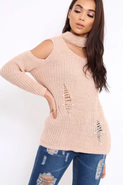 Rebellious Fashion Rose Distressed Pearl Chunky Knit Jumper - Narla