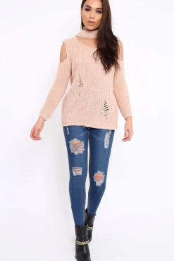 Rebellious Fashion Rose Distressed Pearl Chunky Knit Jumper - Narla