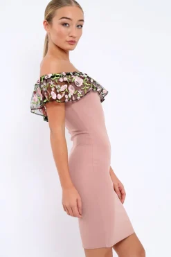 Rebellious Fashion Rose Embroidered Bardot Bodycon Dress - Jaxie