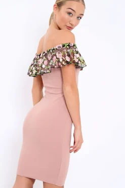Rebellious Fashion Rose Embroidered Bardot Bodycon Dress - Jaxie