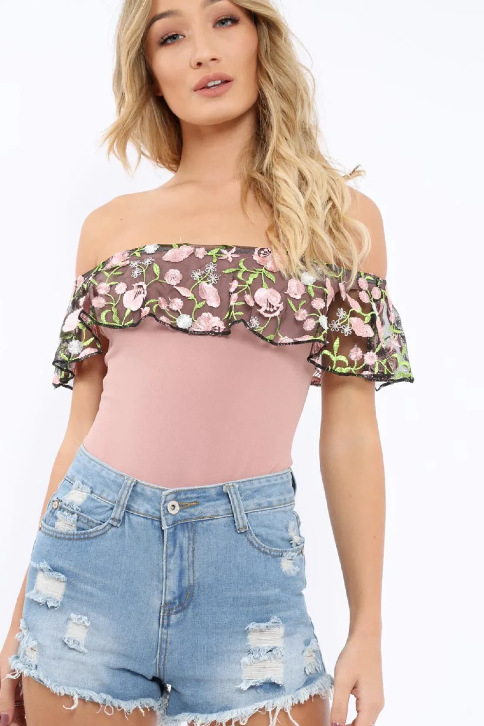 Rebellious Fashion Rose Embroidered Bardot Bodysuit - Diya