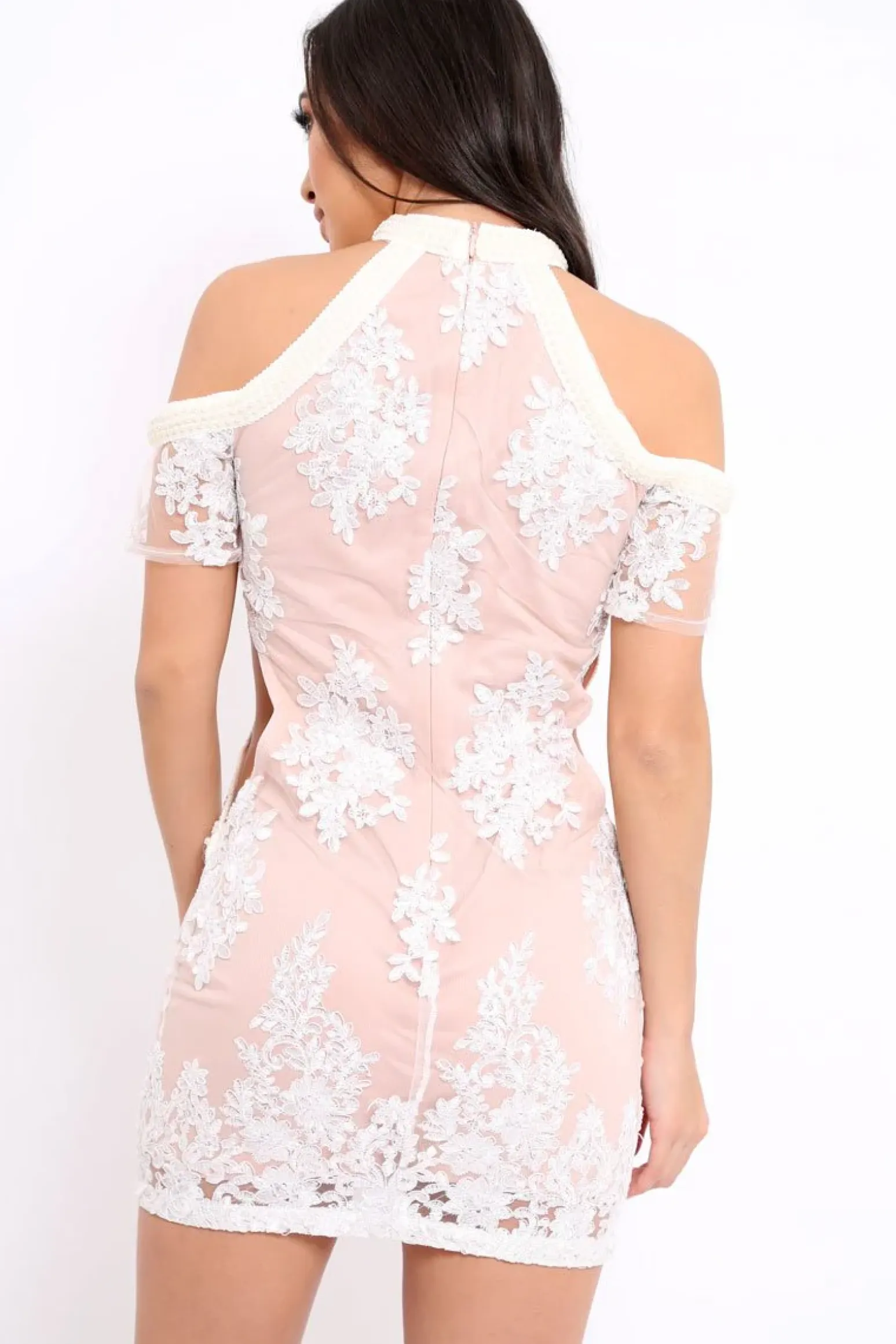 Rebellious Fashion Rose Embroidered Pearl High Neck Cut Out Mini Dress - Jaya
