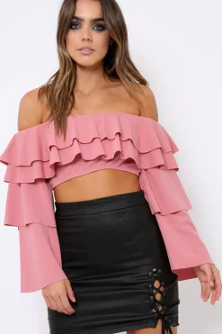 Rebellious Fashion Rose extreme Layered Frill Bardot Crop Top - Nevaeh