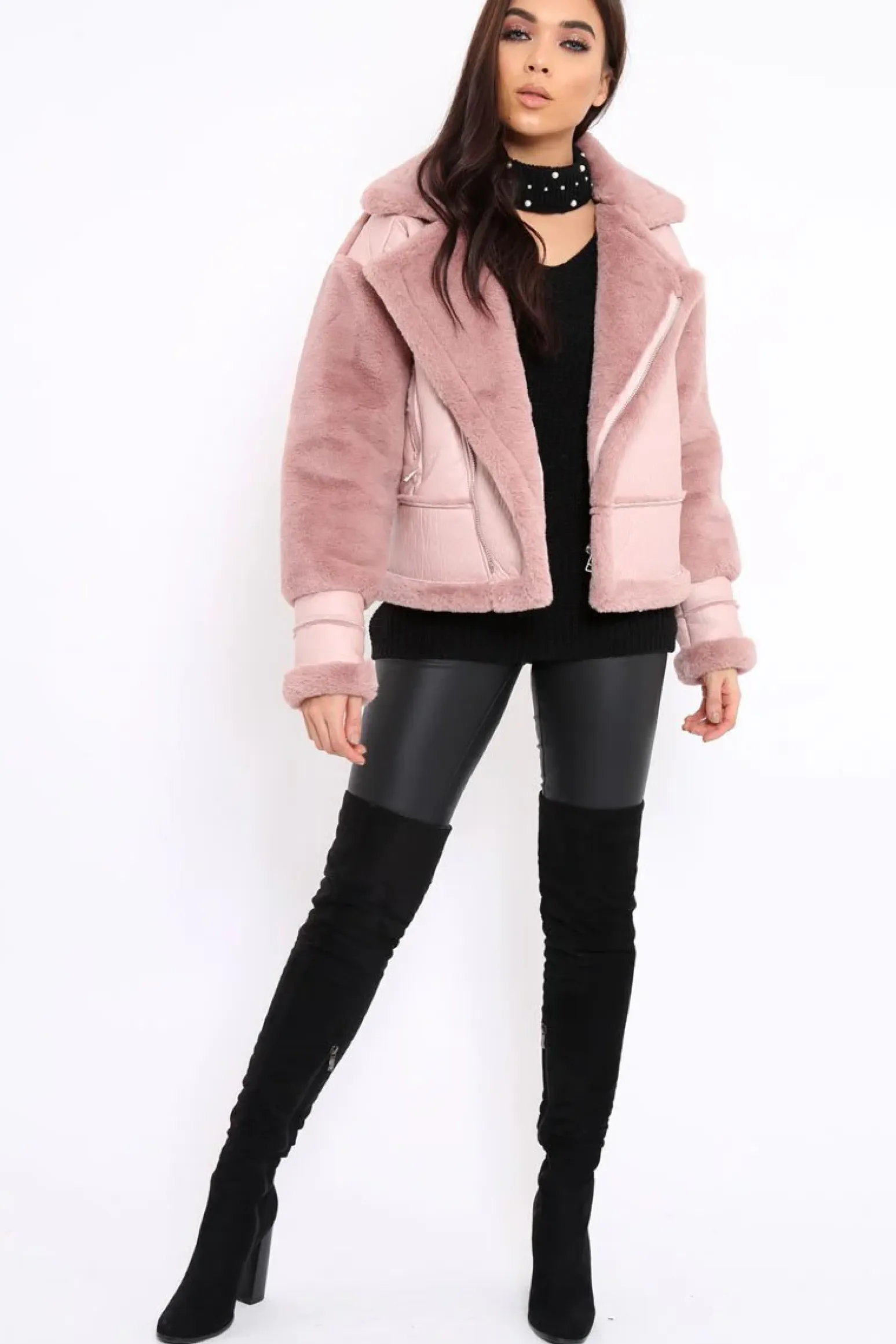 Rebellious Fashion Rose Faux Leather And Fur Jacket - Rhea