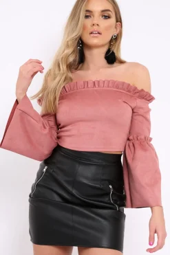 Rebellious Fashion Rose Faux Suede Crop Bardot Top - Torri