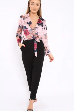 Rebellious Fashion Rose Floral Plunge Satin Wrap Front Jumpsuit - Talulah