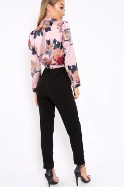 Rebellious Fashion Rose Floral Plunge Satin Wrap Front Jumpsuit - Talulah