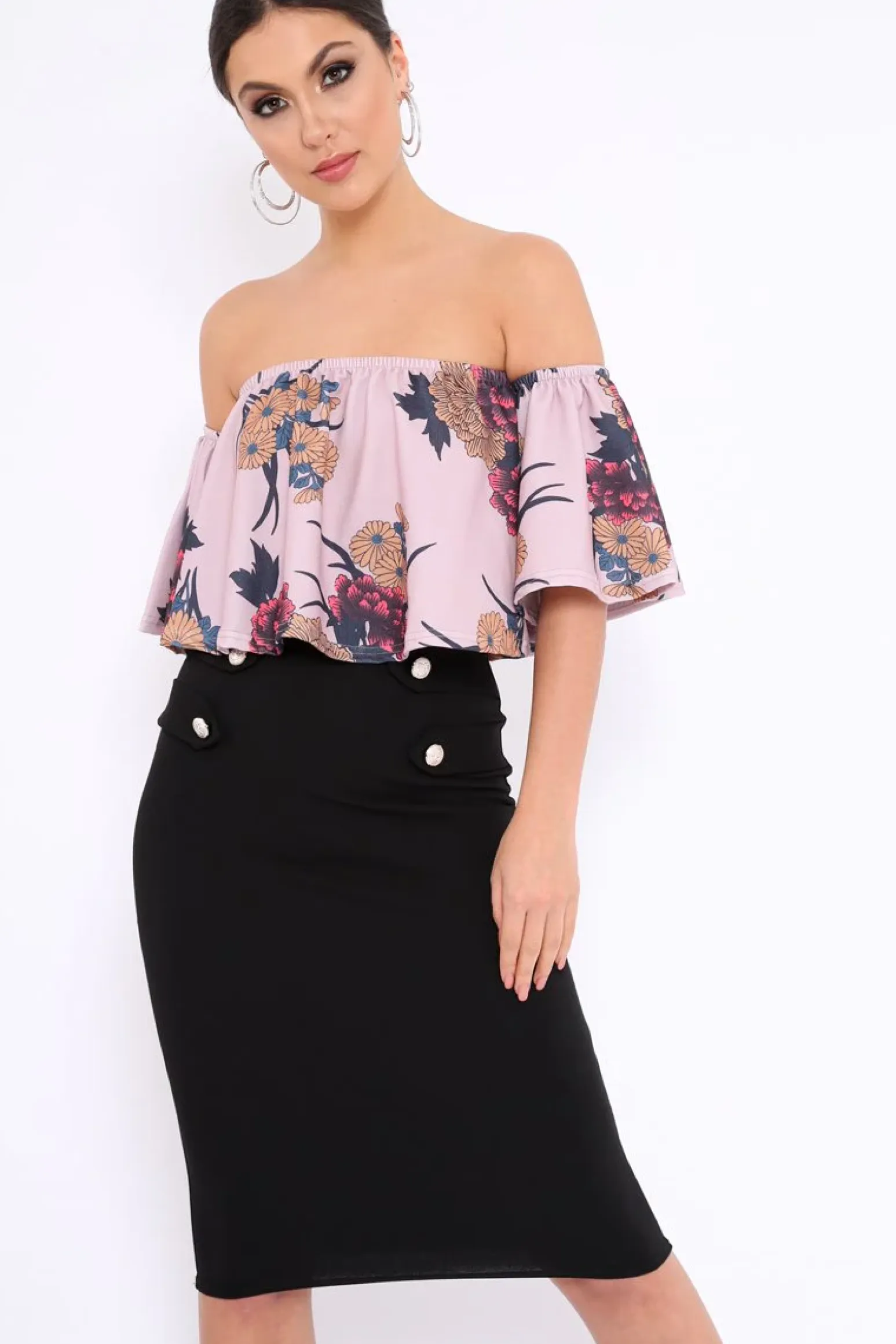 Rebellious Fashion Rose Floral Print Bardot Crop Top - Jeorgia