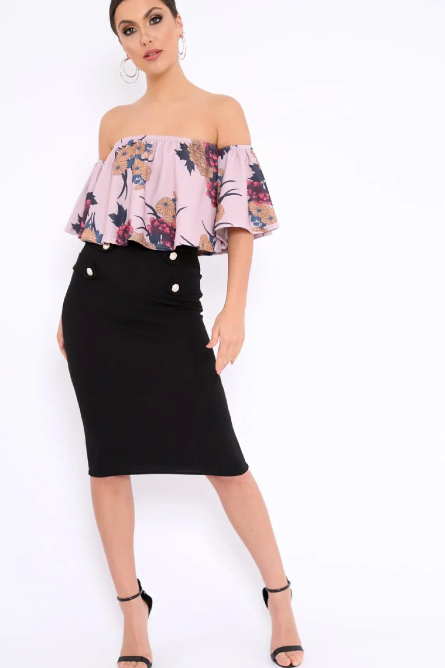 Rebellious Fashion Rose Floral Print Bardot Crop Top - Jeorgia