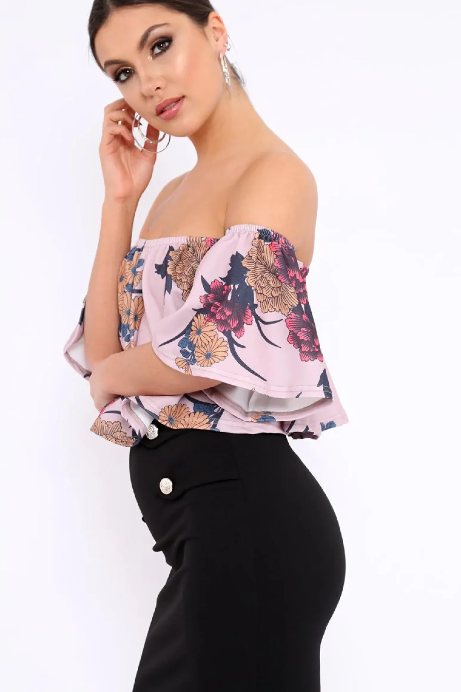 Rebellious Fashion Rose Floral Print Bardot Crop Top - Jeorgia