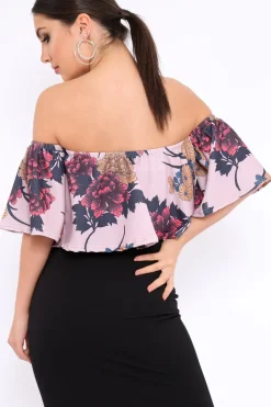 Rebellious Fashion Rose Floral Print Bardot Crop Top - Jeorgia