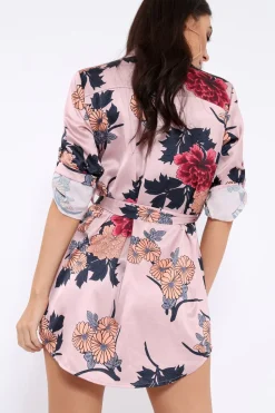 Rebellious Fashion Rose Floral Satin Shirt Tie Dress - Sophina