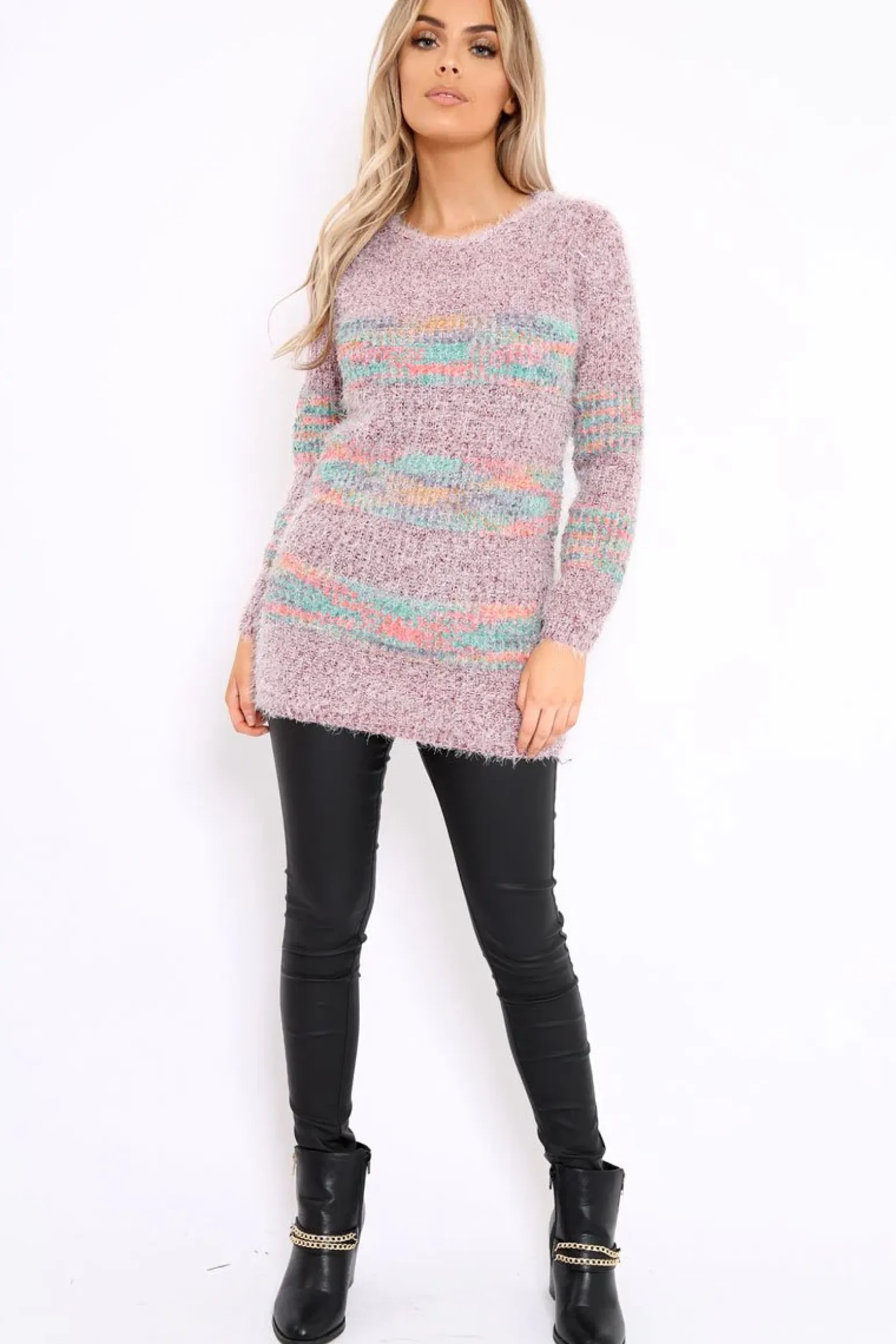 Rebellious Fashion Rose Fur Knit Jumper with colourful stripe detail - Anabella