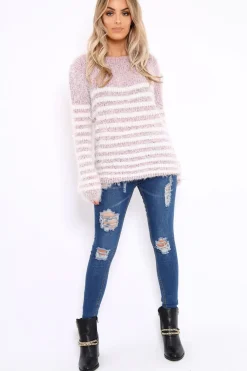 Rebellious Fashion Rose Fur Knit Stripe Jumper - Sicily