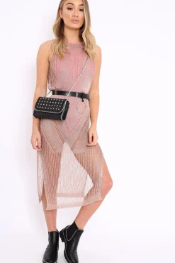 Rebellious Fashion Rose Gold Distressed Knitted Midi Dress - Natalia