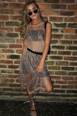Rebellious Fashion Rose Gold Distressed Knitted Midi Dress - Natalia