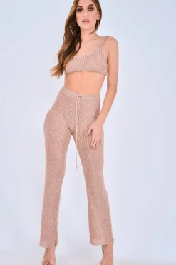 Rebellious Fashion Rose Gold Knitted Metallic Tie Waist Flared Trousers - Davlynn