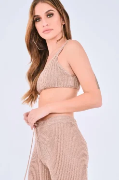 Rebellious Fashion Rose Gold Knitted Metallic Tie Waist Flared Trousers - Davlynn
