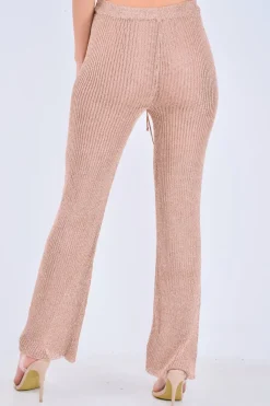 Rebellious Fashion Rose Gold Knitted Metallic Tie Waist Flared Trousers - Davlynn