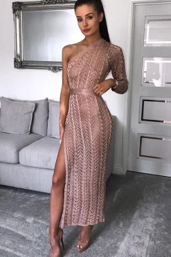 Rebellious Fashion Rose Gold Knitted One Shoulder Belted Dress - Kasyn