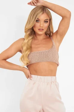 Rebellious Fashion Rose Gold Knitted One Shoulder Crop Top - Houda