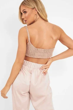 Rebellious Fashion Rose Gold Knitted One Shoulder Crop Top - Houda