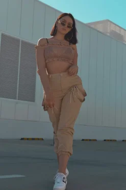 Rebellious Fashion Rose Gold Metallic Bardot Frill Crop Top - Bindi