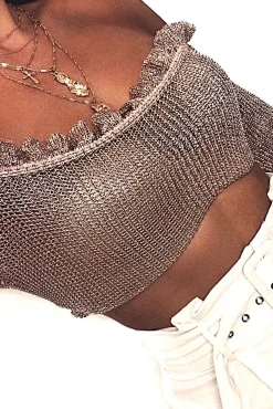 Rebellious Fashion Rose Gold Metallic Bardot Frill Crop Top - Bindi