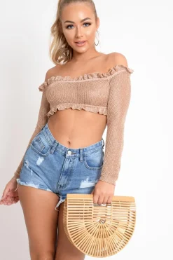 Rebellious Fashion Rose Gold Metallic Bardot Frill Crop Top - Bindi