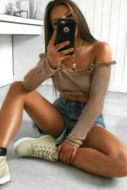 Rebellious Fashion Rose Gold Metallic Bardot Frill Crop Top - Bindi