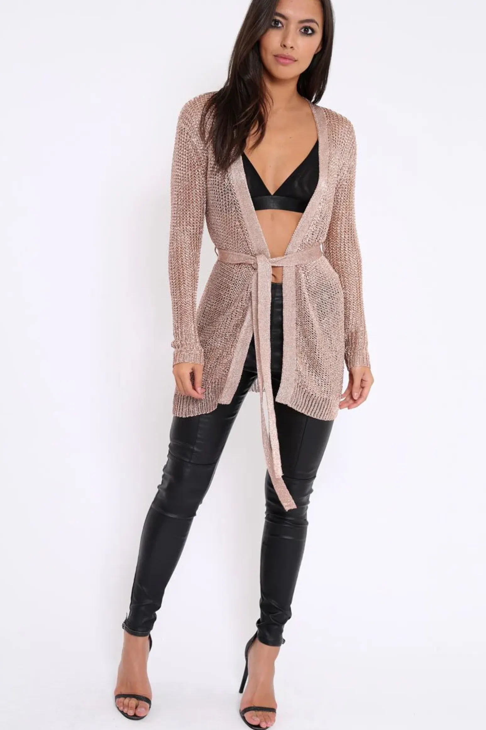 Rebellious Fashion Rose Gold Metallic Knit Cardigan - Celina