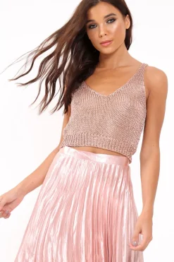 Rebellious Fashion Rose Gold Metallic Knit Crop Top - Oriah