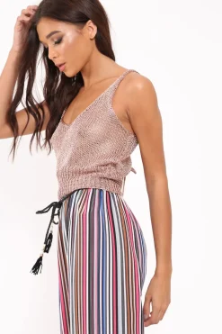 Rebellious Fashion Rose Gold Metallic Knit Lace Up crop Top - Odella