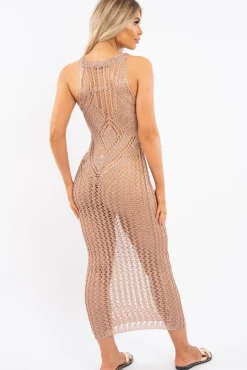 Rebellious Fashion Rose Gold Metallic Mesh Maxi Dress - Helma