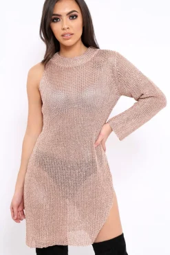 Rebellious Fashion Rose Gold Metallic One Armed Dress - Marielle