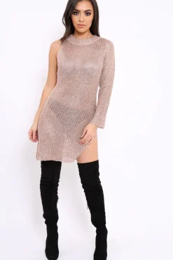 Rebellious Fashion Rose Gold Metallic One Armed Dress - Marielle