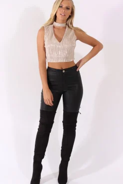 Rebellious Fashion Rose Gold Metallic Pleated High Neck Cut Out Crop Top - Polly