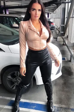 Rebellious Fashion Rose Gold Satin Puff Shoulder Crop Top - Ciarra