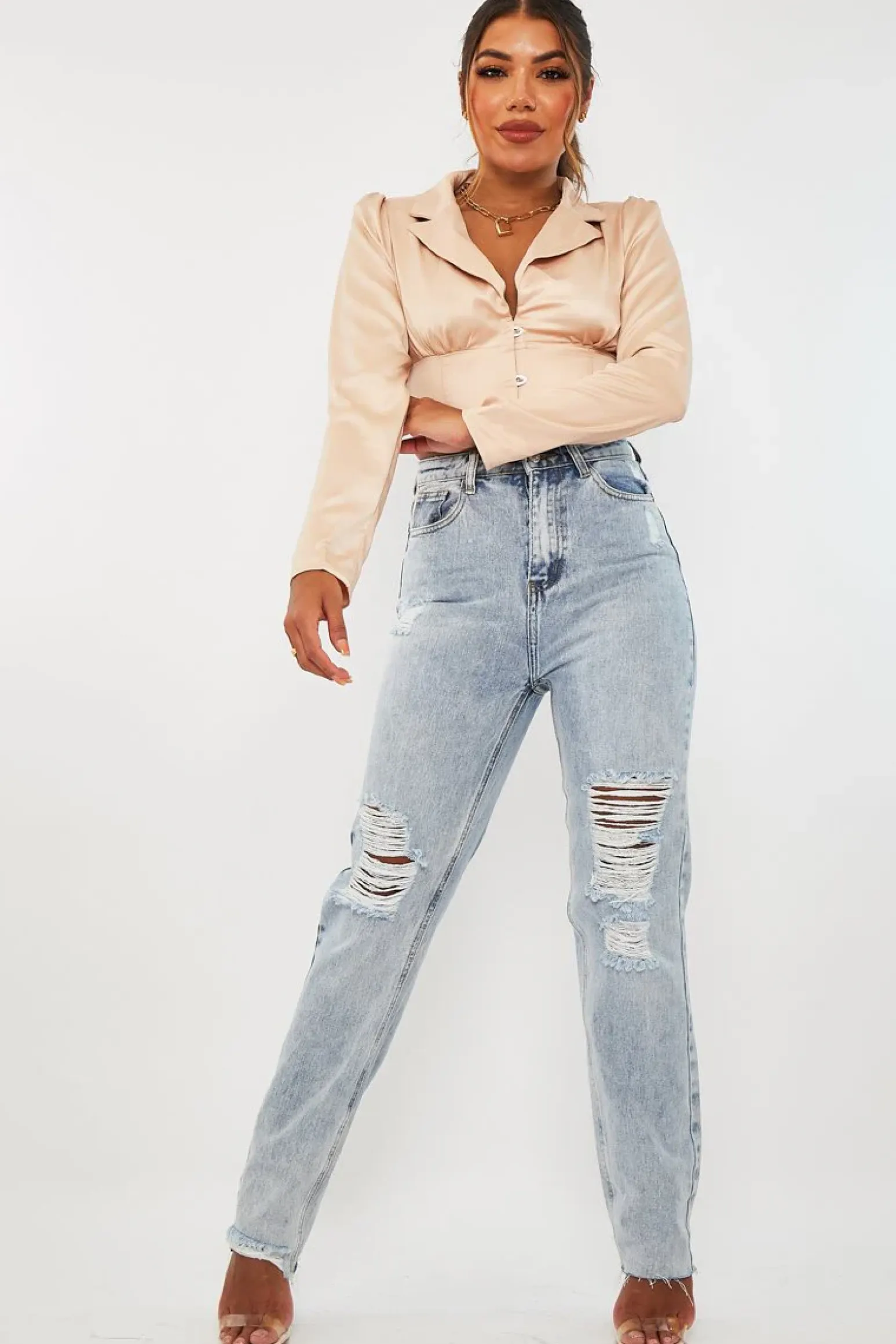 Rebellious Fashion Rose Gold Satin Puff Shoulder Crop Top - Ciarra
