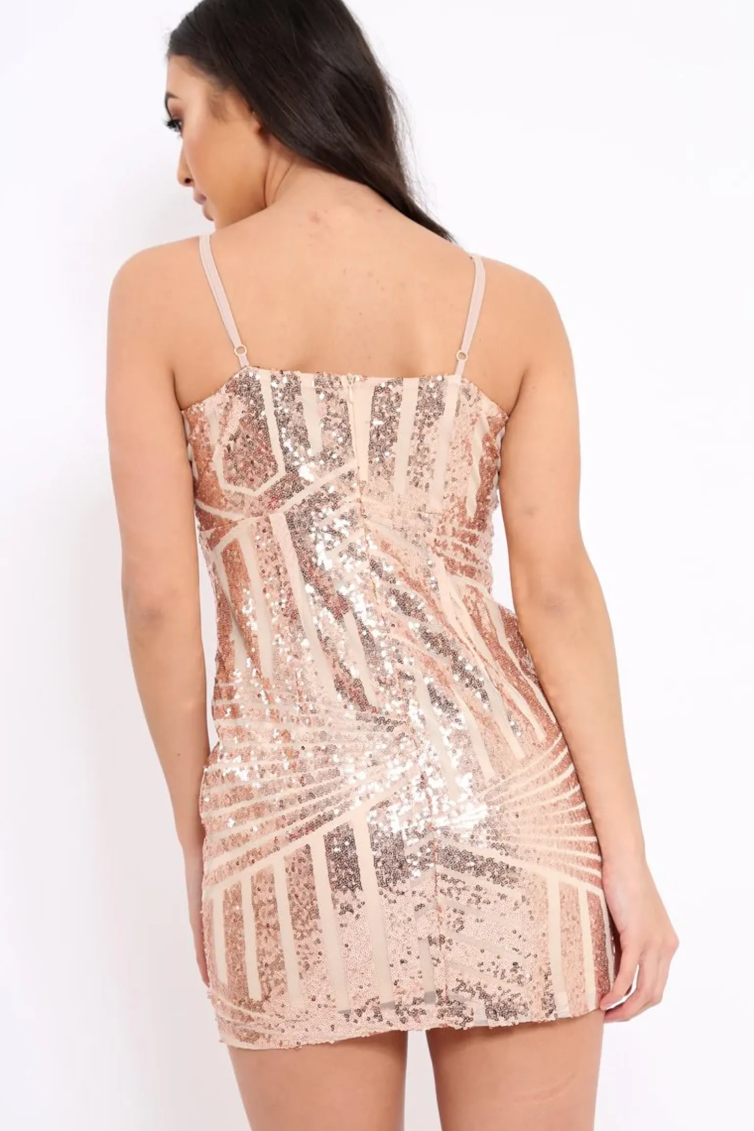 Rebellious Fashion Rose Gold Sequin Cross Strap Mini Dress - Krystal