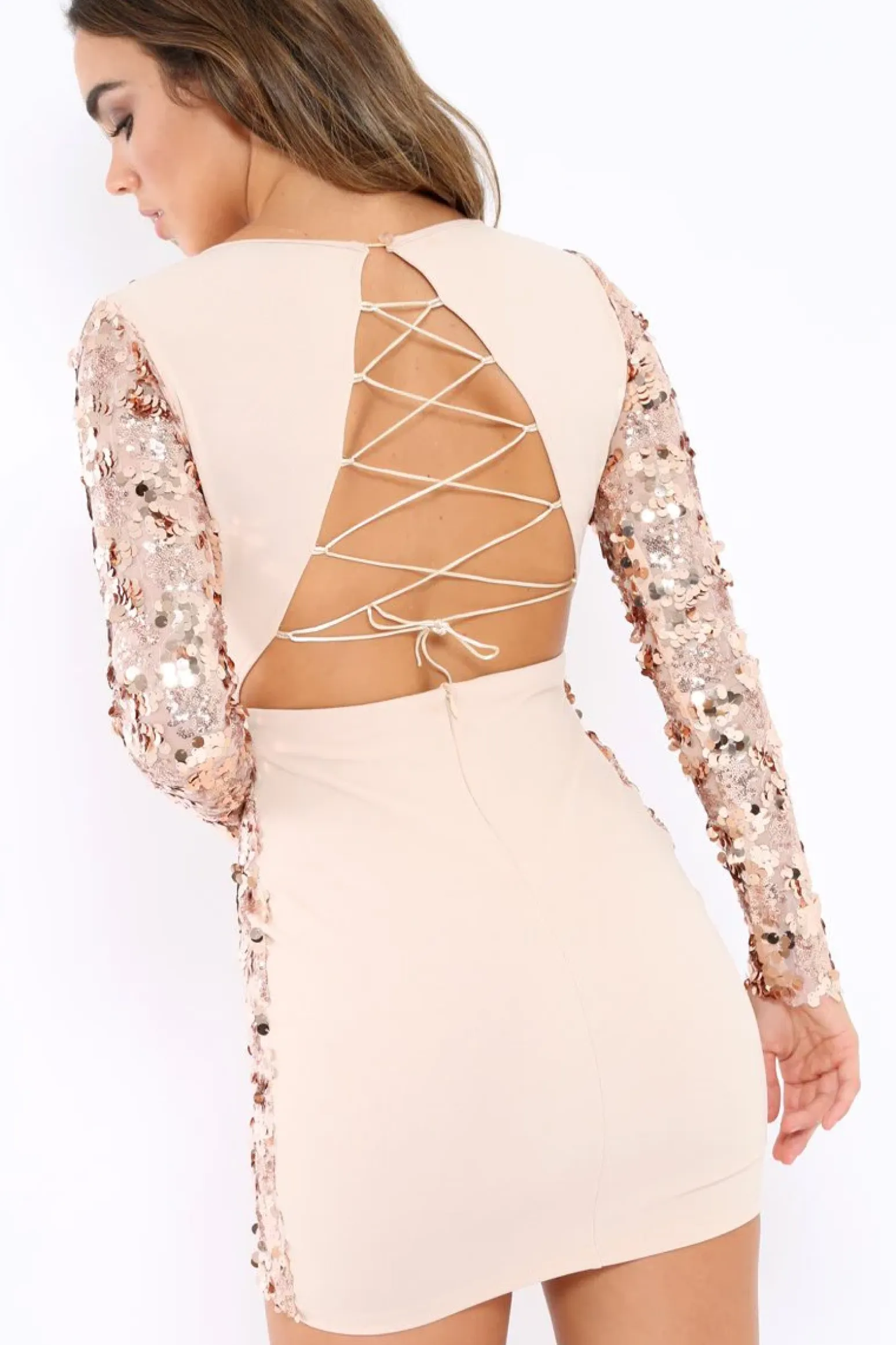 Rebellious Fashion Rose Gold Sequin Lace Up Back Mini Dress - Zelda