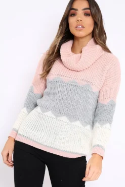 Rebellious Fashion Rose Grey and White ZigZag Patterned Roll Neck Jumper - Nataley