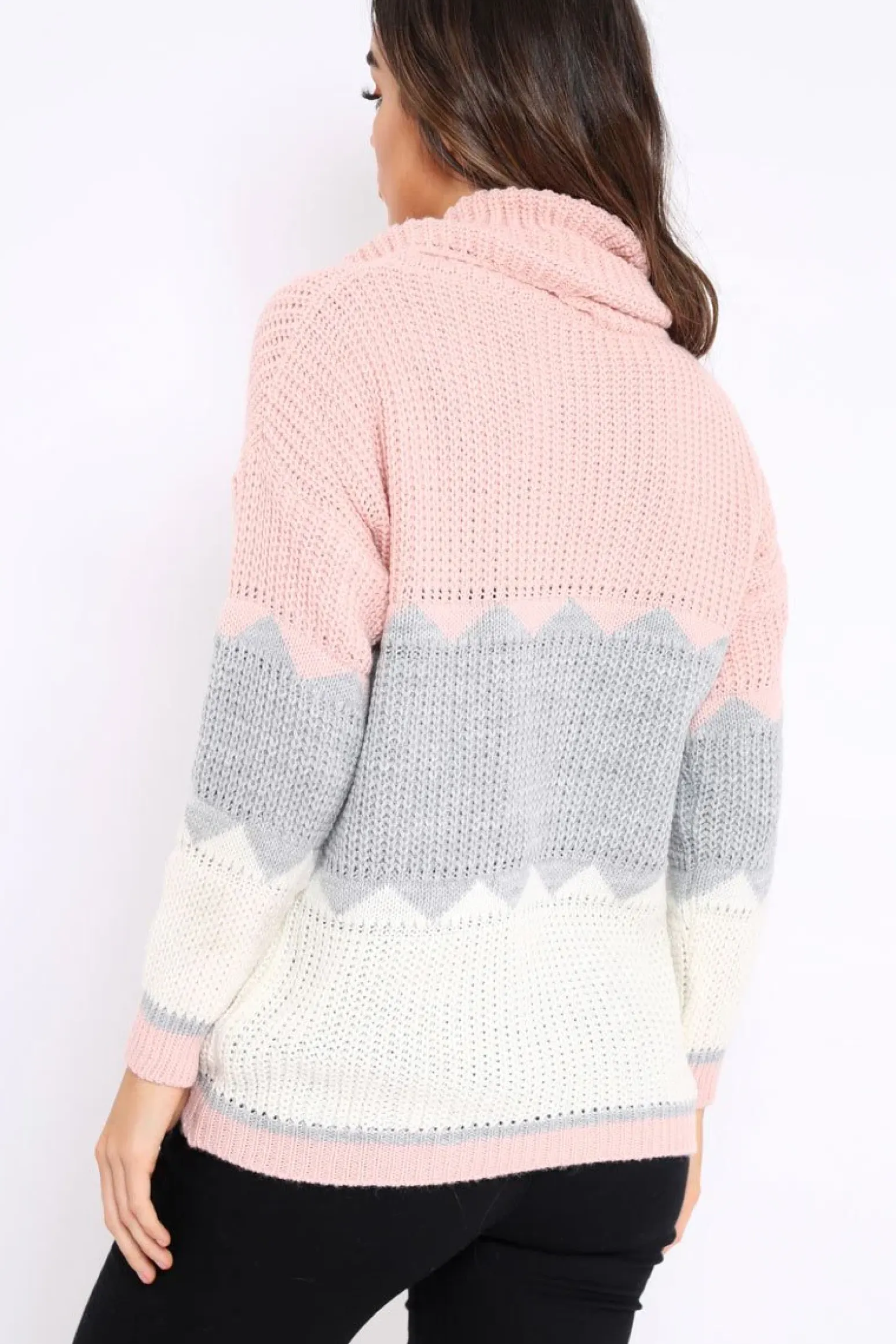 Rebellious Fashion Rose Grey and White ZigZag Patterned Roll Neck Jumper - Nataley