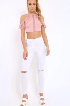 Rebellious Fashion Rose Halter Neck Frill Cold Shoulder Crop Top - Carlie